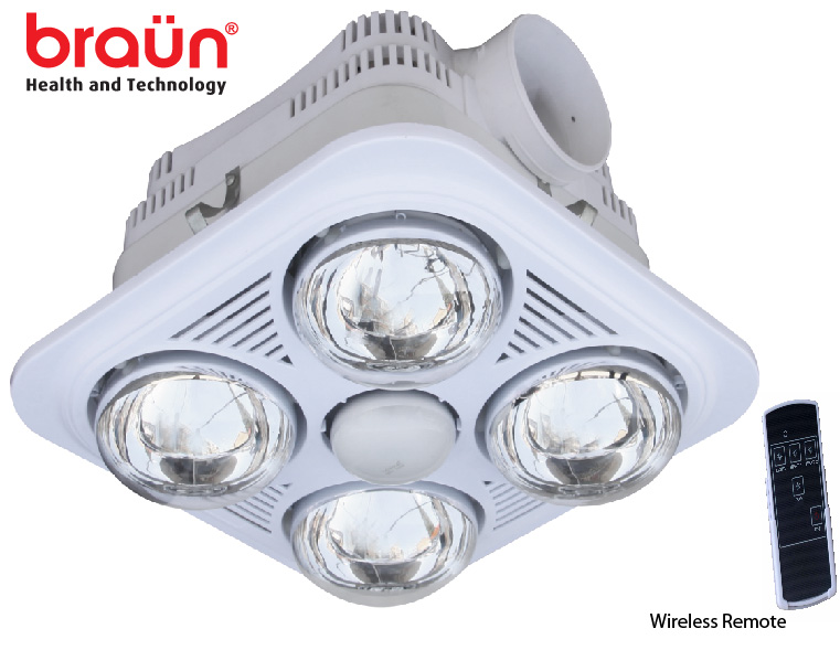 Đèn sưởi nhà tắm Braun 4 bóng âm trần có điều khiển từ xa (BU04GR)
